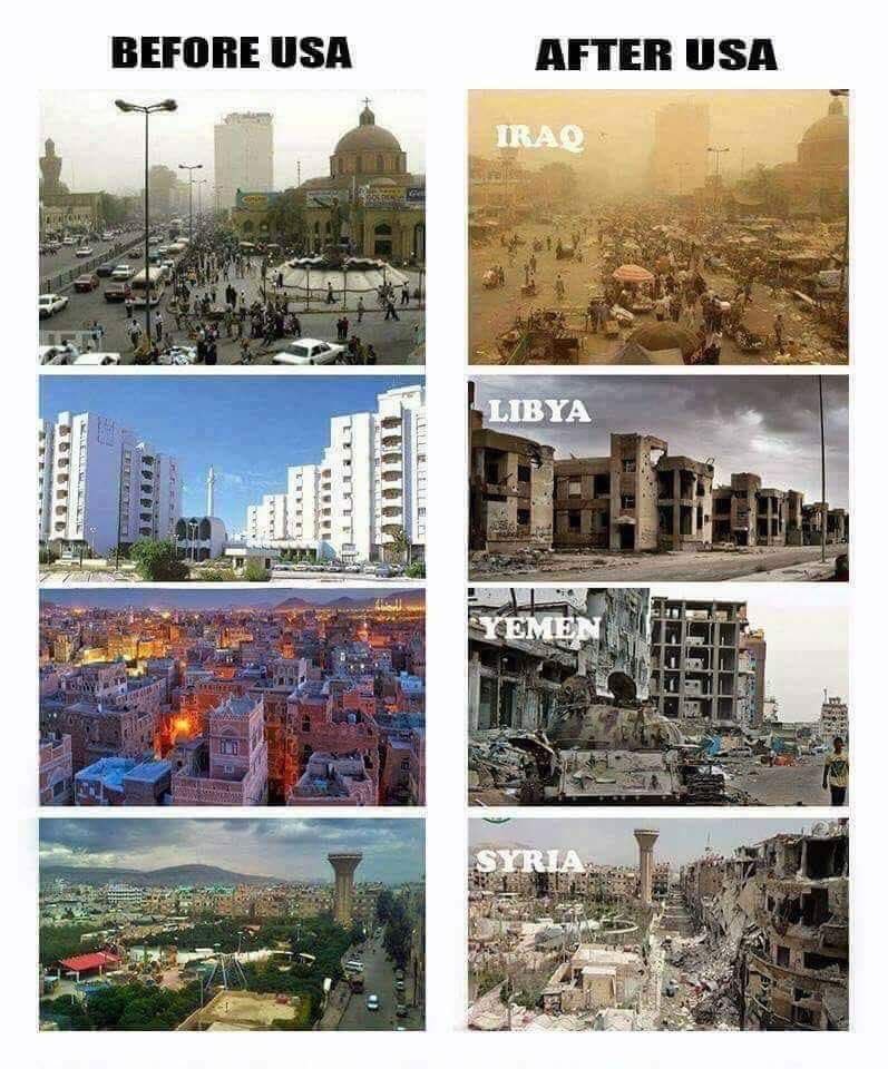 DominusMundi3's tweet photo. ➡️ Irak, Libia, Yemen y Siria antes y después de que EEUU y el ejército mundial de la OTAN intervinieran para que disfrutaran de los Derechos Humanos, de la Democracia occidental y de nuestra Libertad. https://t.co/m7c8saCOhn