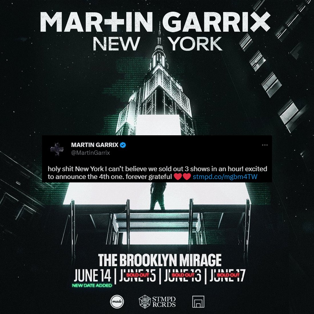 HouseMag's tweet photo. Sold out! @MartinGarrix emplaca três sold outs em 1 hora no tradicional The Brooklin Mirage, nos dias 15, 16 e 17 de junho. Com o sucesso de vendas, mais uma data foi adicionada, dia 14. Será que vem mais um sold out aí?!
#housemag #martingarrix #thebrooklymirage https://t.co/bvQ7YFpaGn