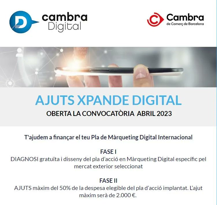 OPEManlleu's tweet photo. Convocatòria Ajuts Xpande Digital-Abril @CambraBCN 

Ajut per finançar el Pla de Màrqueting Digital Internacional. 

>> Més informació a l'apartat de subvencions de l'OPE: https://t.co/JfZkpNzj2C https://t.co/57MCjz9oys
