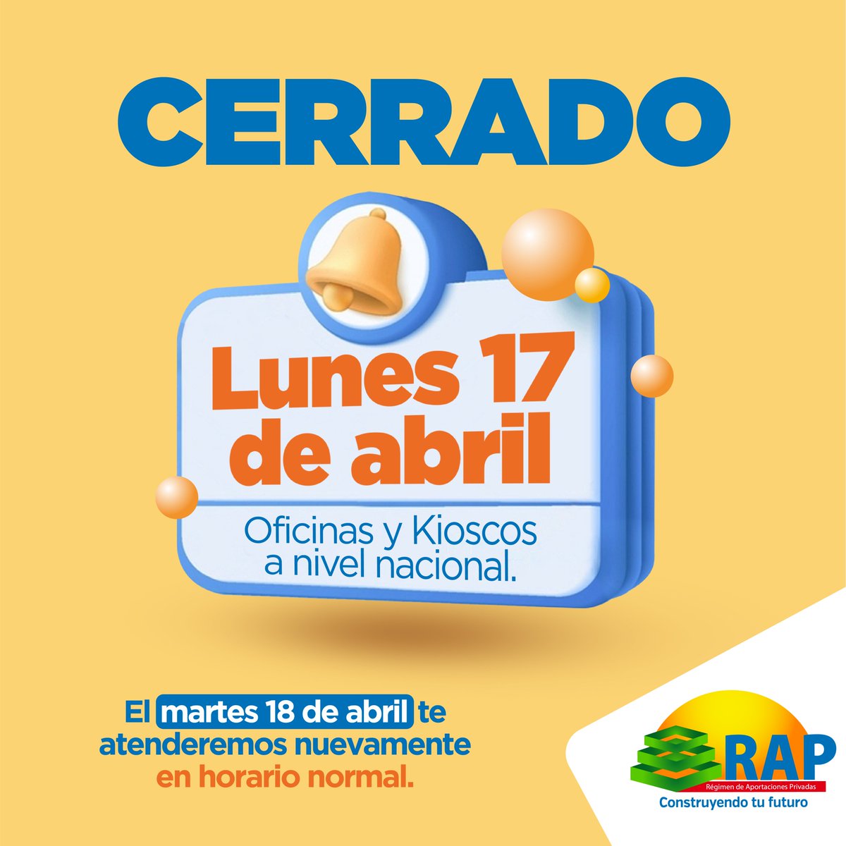 RAP_HN's tweet photo. Informamos que este lunes 17 de abril nuestras Oficinas y Kioscos a nivel nacional se encontrarán cerradas por el feriado del Día de la Américas, retomáremos nuevamente el martes 18 de abril en horario normal. 

#RAPHonduras  #Horarios https://t.co/M7Dprxr4RB