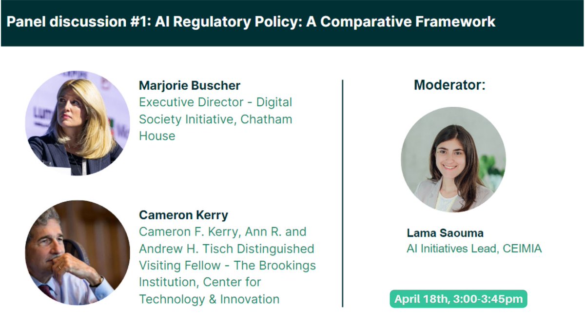 1⃣For our first session, our AI Initiatives Lead <a href="/LamaSaouma/">Lama Saouma</a> will present the key findings from the comparative framework. She will then be joined by <a href="/Marjorie_BU/">Marjorie Buchser</a> and <a href="/cam_kerry/">Cam Kerry</a> to discuss the regulatory challenges ahead and the opportunities to foster international collaboration