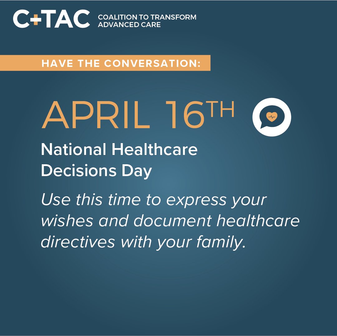 CTACorg's tweet photo. National Healthcare decision day exists to inspire, educate and empower the public and providers about the importance of advance care planning. Have the conversation and learn more at: https://t.co/SpFuudpnia https://t.co/Q09sJHi323