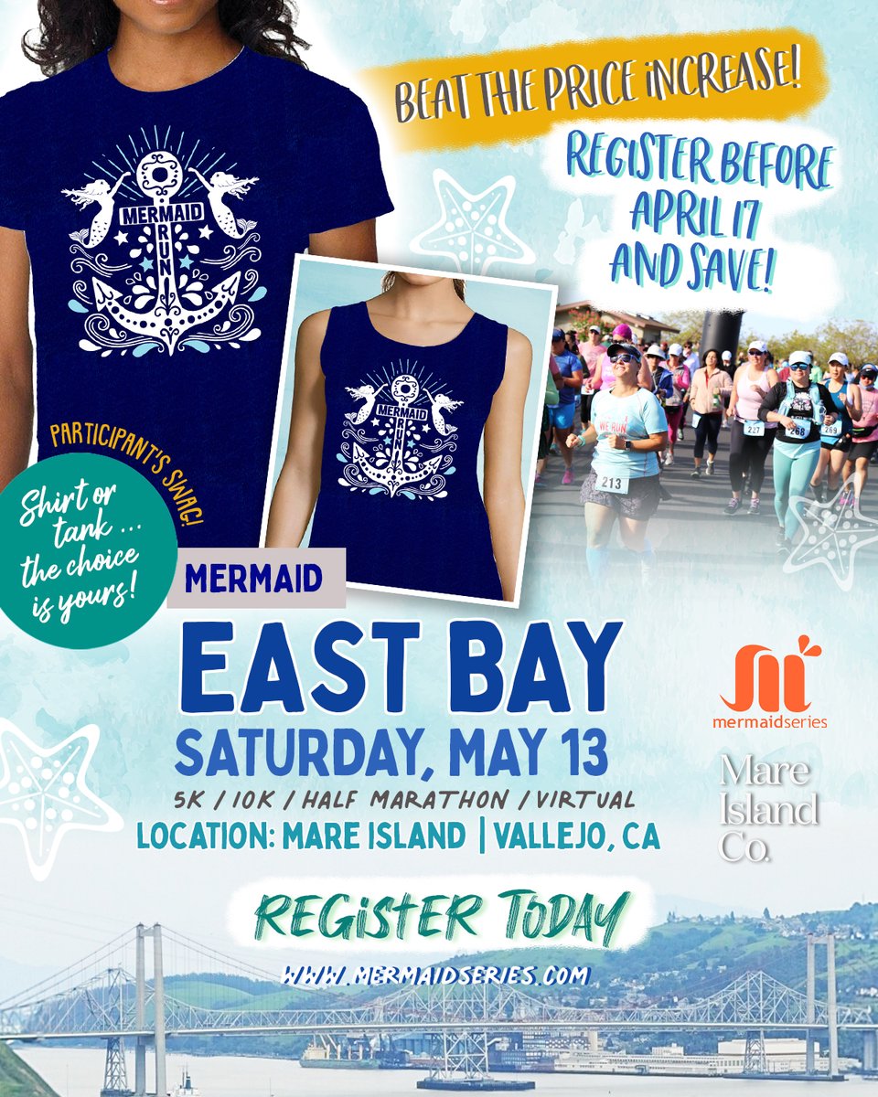 MermaidSeries's tweet photo. Mare Island, our new venue for the Mermaid Run East Bay features a long history of maritime activity. This year's participant shirt is a tribute to those maritime roots!!
Sign up BEFORE the prices increase on April 17th. Register at: https://t.co/aLSsz51ANO https://t.co/70nuIsr0AA