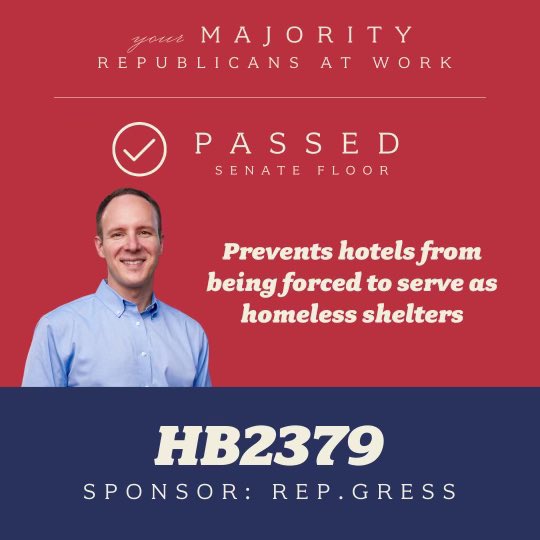 MatthewGress's tweet photo. Hotels &amp; motels are not homeless shelters. 

I’m pleased to see #HB2379 pass the Arizona Senate. Next Stop: The Governor

Thanks @AZLTAnews &amp; @AHLA for your support. 

I also met with @bestwestern CEO Larry Cuculic who shared his insight on how this policy impacts the industry. https://t.co/2fnxlASJaE