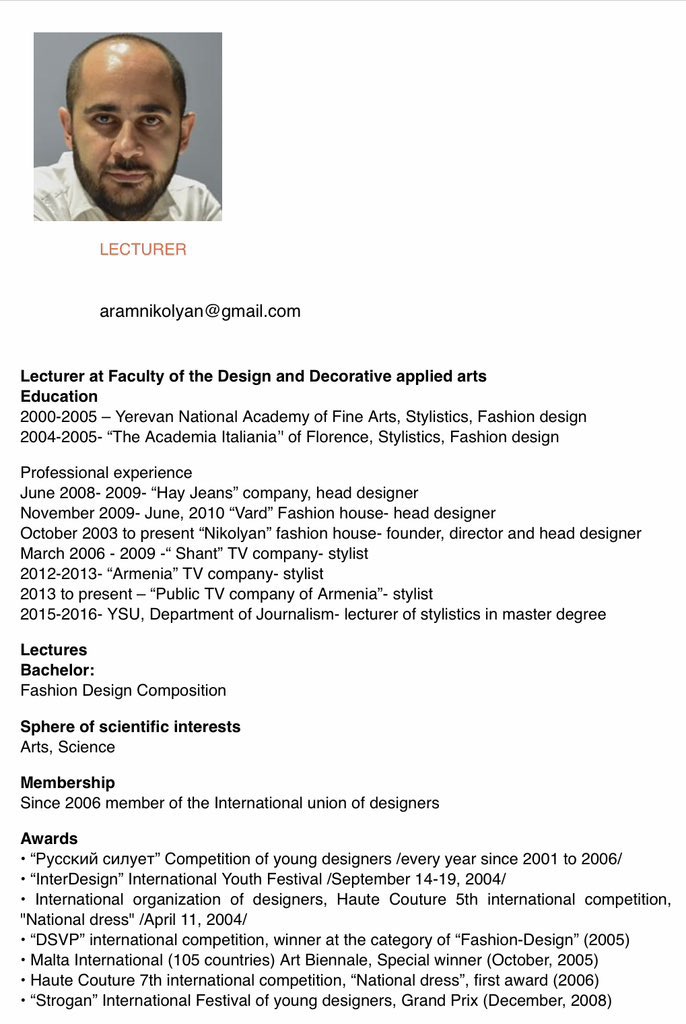 skya_cas_tle's tweet photo. The pathetic hero of the Armenian day, who is he? Aram Nikolyan. 
Head of a design studio. He is the founder, director and chief designer of the Nikolyan fashion house, a member of the International Association of Designers.
Is the International Association aware of Aram's shady dealings? Shall we highlight his pathetic activities?🤔

You can write him words from your heart and report him to the organizations in which this criminal works.