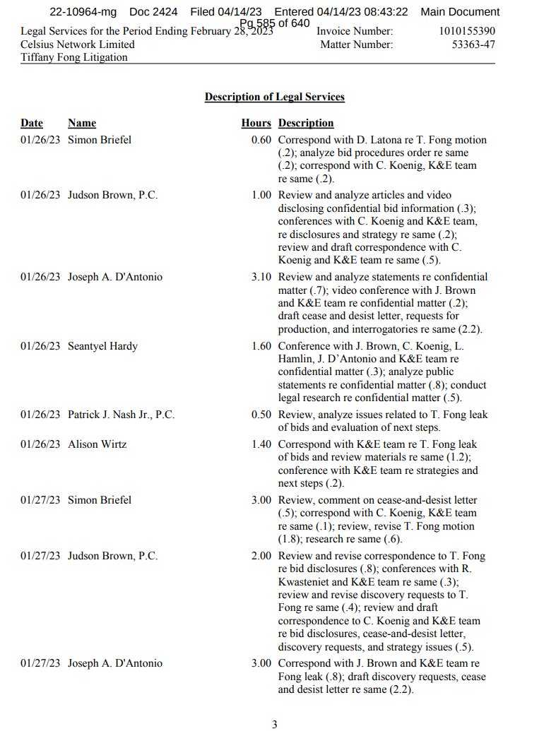 ChazzonKe's tweet photo. Celsius, K&E, the UCC and others all lied when they originally accepted the NW bid and said no other quality/compelling bids where received. 

@TiffanyFong_ through her sources gave customers a clear look into the bids disproving the legal teams lies and misrepresentation of the bids. 

Instead of accepting that their inability to be transparent got them caught and embarrassed K & E has spent over $70,000 in CREDITOR funds to potentially go after another creditor. 

What a slap in the face. 
Relevant pages attached outlining all the steps they've currently taken against @TiffanyFong_ 

I suppose the @CelsiusUcc will support going after creditors now too, for exposing their mistruths? Instead of doing the right thing and admitting ya'll fucked up?