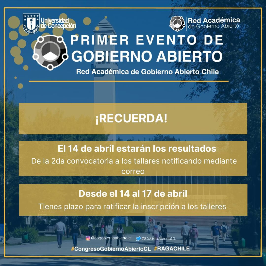 ‼️MIRA LA SIGUIENTE INFORMACIÓN ‼️
No olvides que el 14 de abril estarán los resultados de la segunda convocatoria de los talleres del primer evento de gobierno abierto📚‼️ 
RECUERDA que debes ratificar tu inscripción