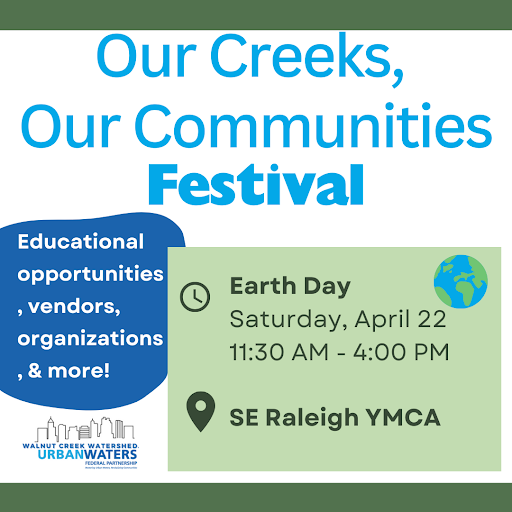 CarolinaWetland's tweet photo. Save the date for the Our Creeks, Our Communities Festival from 11:30 to 4:00 on April 22, 2023 at the Southeast Raleigh YMCA! We hope you'll join us for a full day of celebrating the Walnut Creek Watershed and the communities within it 🌱
#OurCreeksOurCommunities
#EarthDay2023 https://t.co/xgCoJ179B8