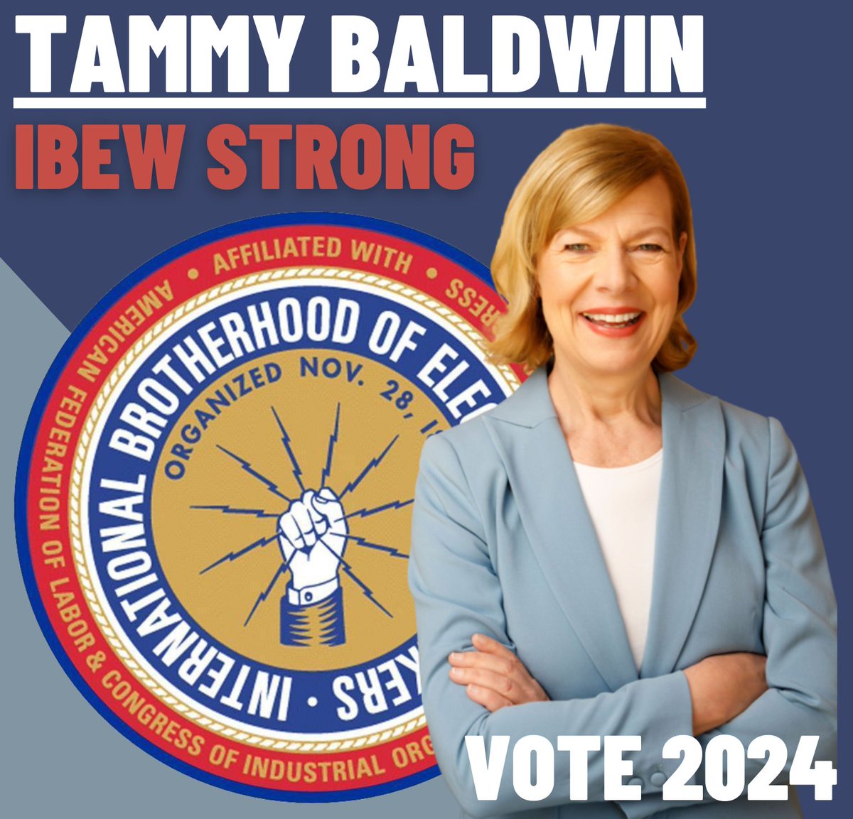WisconsinIBEW's tweet photo. @WisconsinIBEW is ready to roll up our sleeves and put in the work to ensure we send @tammybaldwin back to Washington to continue her work as our United States Senator. Onward to 2024!
#WisconsinIBEW #IBEWStrong #ElectricalWorkers #UnionStrong #IBEWVotes #UnionVoter #TeamTammy https://t.co/fcP0LkGVRN