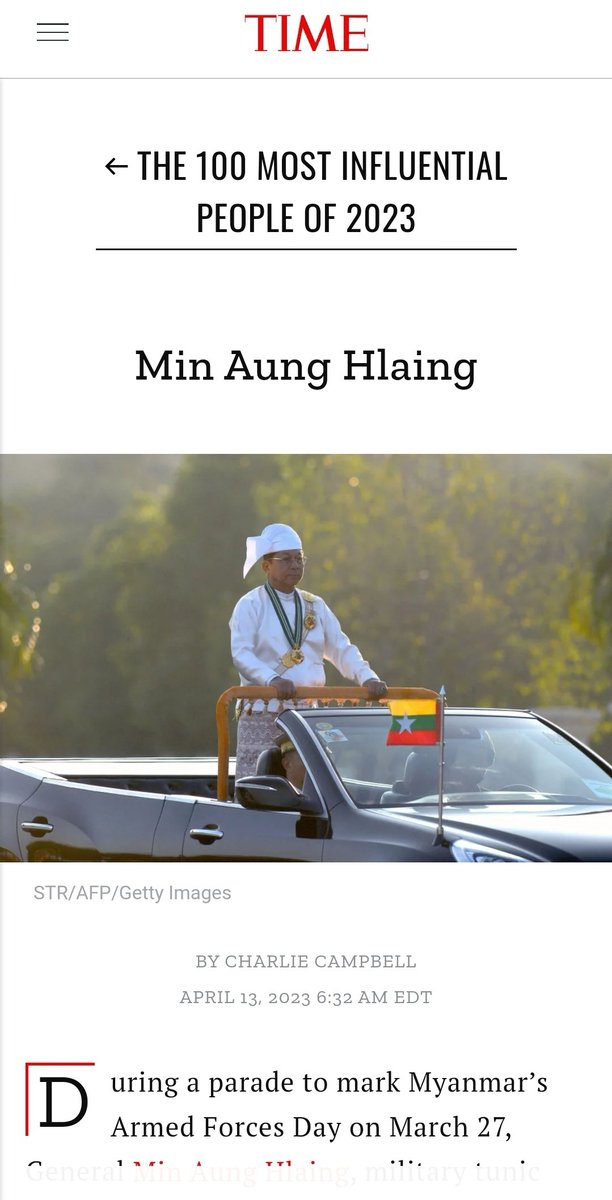 Ronan_Lee's tweet photo. You've got this wrong @time:
"viselike grip over the nation". 

Myanmar's people hate him and have taken up arms against him. 
Min Aung Hlaing can't even safely walk along the streets of Yangon or Mandalay. 

#WhatsHappeninglnMyanmar 
 #TIME100 https://t.co/ju5liCmkju