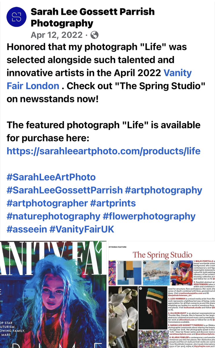 slgparrish's tweet image. My image, LIFE, in @VanityFair UK last April! @susancain @aaronchang #SarahLeeArtPhoto