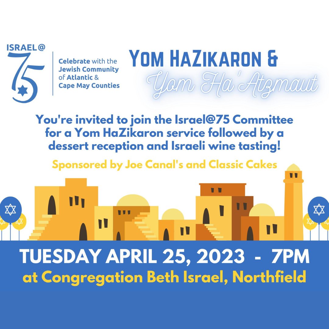 Our sister agency, Jewish Federation of Atlantic & Cape May Counties, is offering two FREE opportunities to celebrate Israel’s 75th birthday with the community!  Please join us as we celebrate with them! tinyurl.com/3thh2875
*
*
*
#jewish #culture #community #FREE #jccmargate