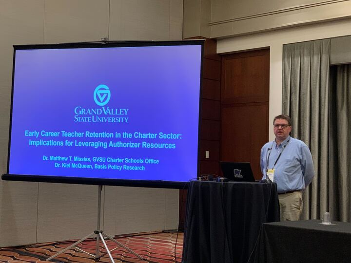 BasisPolicy's tweet photo. Basis Senior Research, Dr. Kiel McQueen, and partner, @GVSUCSO, had the opportunity to present their research on early career teacher retention in the charter sector at @AERA_EdResearch's annual conference this week. #aera23 #teacherretention #educationresearch https://t.co/wlymD3sDY5