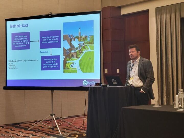 BasisPolicy's tweet photo. Basis Senior Research, Dr. Kiel McQueen, and partner, @GVSUCSO, had the opportunity to present their research on early career teacher retention in the charter sector at @AERA_EdResearch's annual conference this week. #aera23 #teacherretention #educationresearch https://t.co/wlymD3sDY5