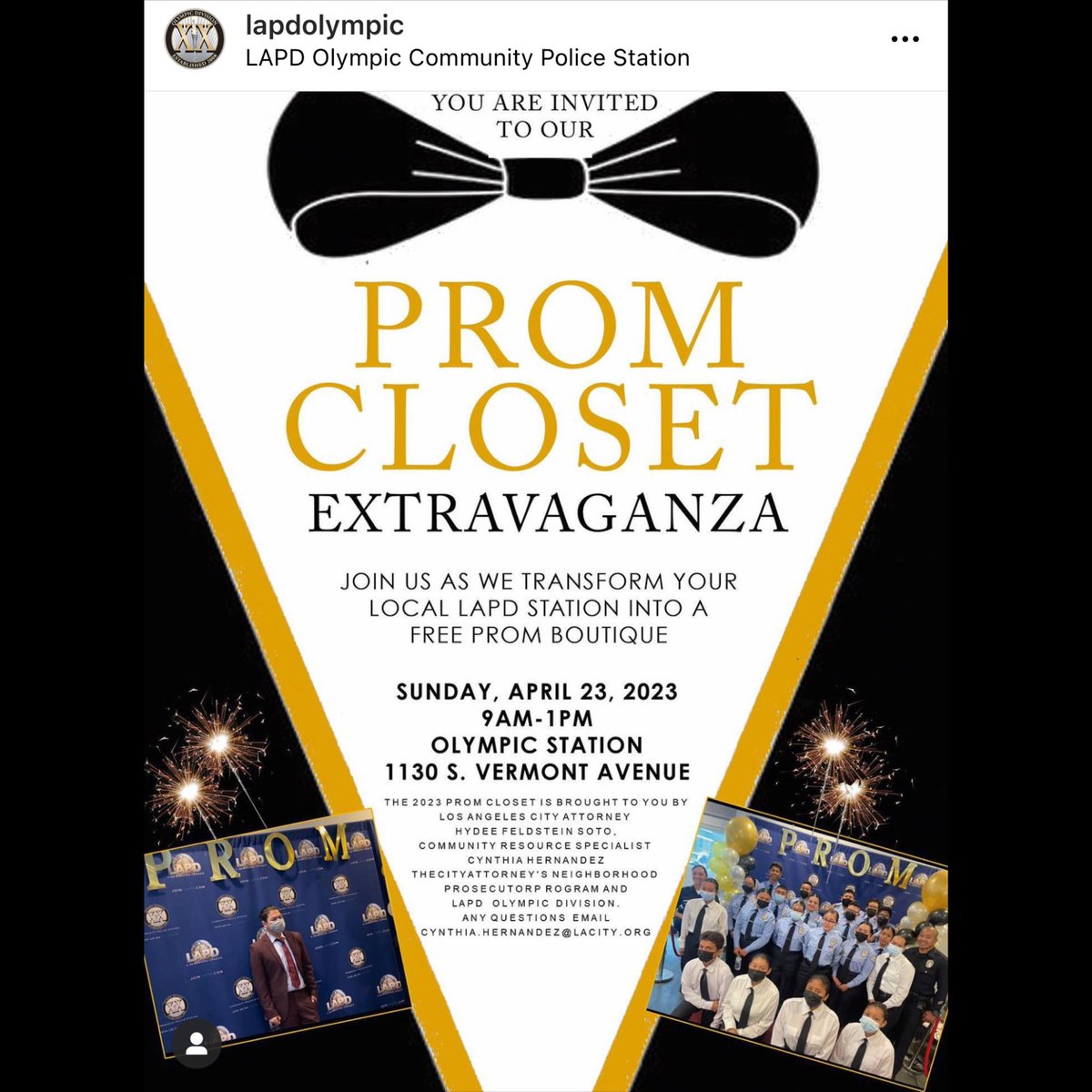 LAPDWestBureau's tweet photo. 👗PROM CLOSET👗
Free Prom Dresses for any student in need of a dress! All you need is a School I.D to receive one.
👗 Sunday, April 23, 2023
⏰ 9am - 1pm
📍Location: Olympic Division
1130 S. Vermont Avenue
#LAPD #FreeCommunityEvent #COMMUNITYandPOLICE #Prom2023 https://t.co/w59Ww9HBNV