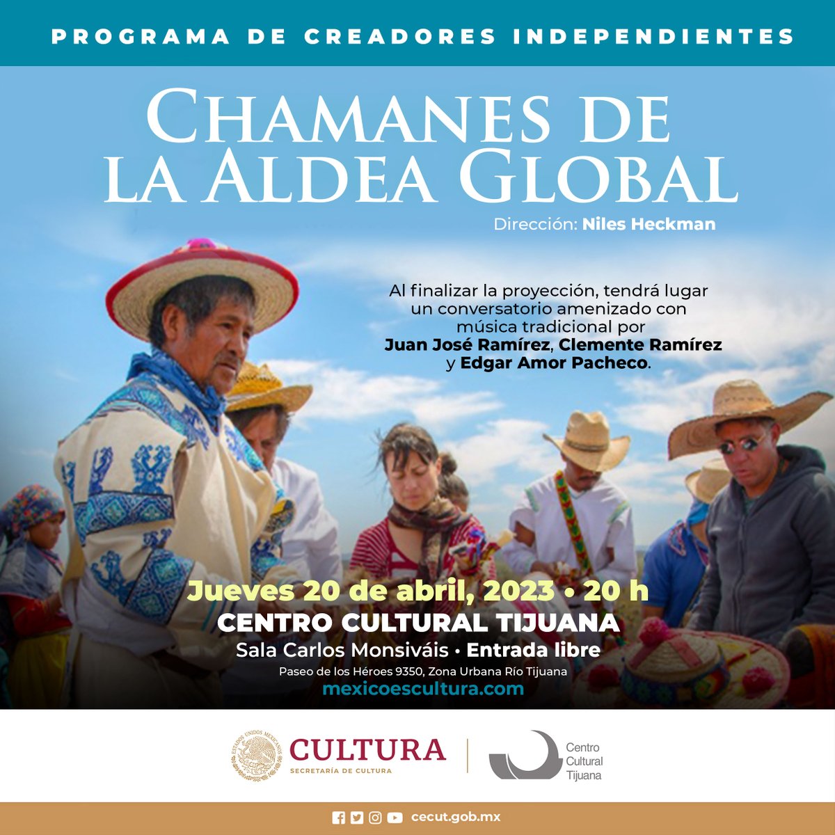 cecut_mx's tweet photo. #ProgramadeCreadoresIndependientes
📽Chamanes de la aldea global
🎬Dirección: Niles Heckman
Al finalizar, tendrá lugar un conversatorio y se amenizará con música tradicional.
📅Jueves 20 de abril
Sala Carlos Monsiváis
⏰20 h • Entrada libre
#Cine #CinetecaTijuana #Chamanes https://t.co/dj95Btz1U5