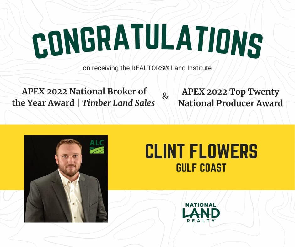 I was recently named the 2022 National Timberland Broker of the Year &amp; an APEX Top Twenty National Producer by the Realtors Land Institute, both of which are peer based awards, making them even more special. I wanted to say THANK YOU to all the clients &amp;… instagr.am/p/CrBo91UpILo/