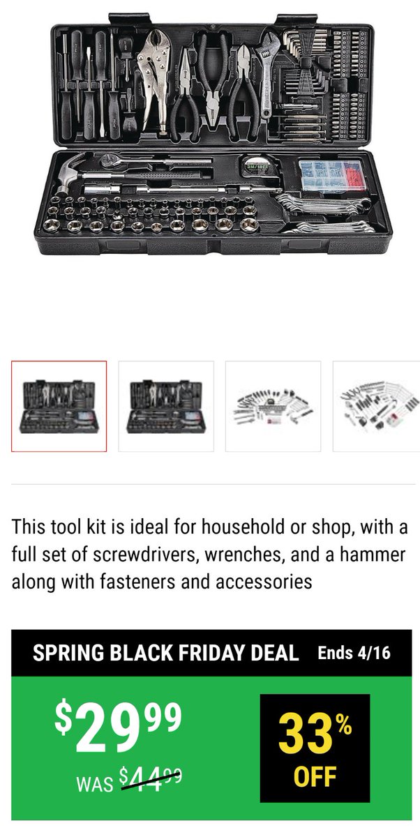 #NotASponsor

I'm a huge proponent of this 130 piece tool kit in every vehicle I drive if you don't have something better.

$29.99 this weekend at Harbor Freight. Great sale price.

Basic HF quality tools, but they fit under my rear seat floorboard and have never left me walking.