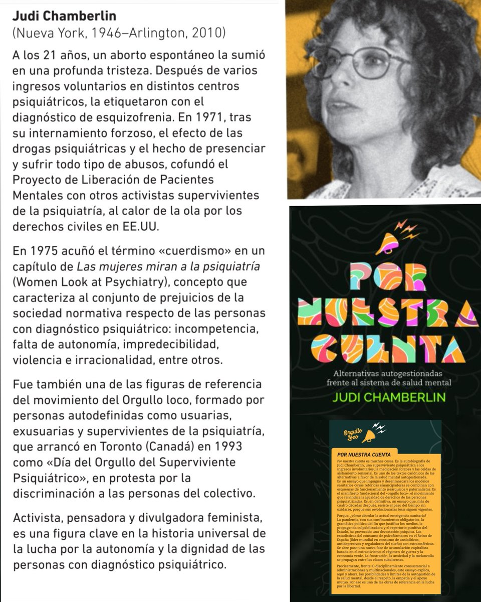 Pornuestracuen1's tweet photo. 📚 POR NUESTRA CUENTA de JUDI CHAMBERLIN 

📚 Por fin en castellano, 40 años después, el libro fundacional del movimiento de supervivientes de la psiquiatría y autogestión de la salud mental traducido por @intransitoria para @katakrak54 , ya en librerías.

https://t.co/J9tz8xbGH6 https://t.co/nRs1RYd0Z2
