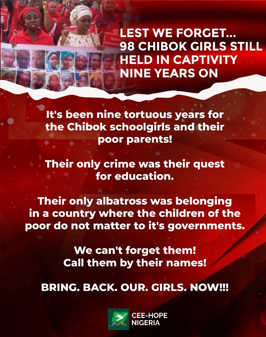 #BringBackOurGirls #ChibokGirls #LestWeForget #TheirDreamsAreValid #GettingAnEducationIsNotACrime #NineYearsGone #HopeEndures🌹 

Thanks for holding up, @obyezeks, @AishaYesufu, @BBOG_Nigeria @mojubaolu @Nedunaija, @maureenkabrik, @EiENigeria & everyone who have kept hope alive.