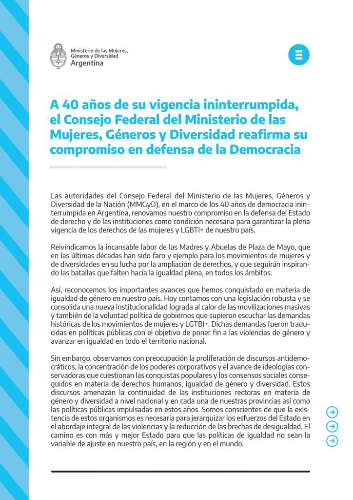 AyelenMazzina's tweet photo. Funcionarias del @MinGenerosAR y de 19 provincias del país repudiamos la violencia política hacia mujeres y LGBTIQ+ y convocamos a la sociedad y a todos los sectores políticos a reconstruir el pacto democrático. 👉 https://t.co/r9ZMW26HrL https://t.co/KwBV6J8kFD