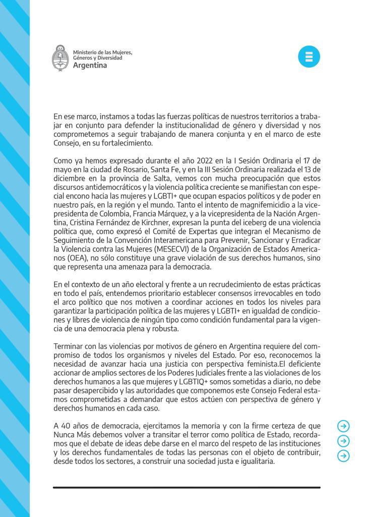 AyelenMazzina's tweet photo. Funcionarias del @MinGenerosAR y de 19 provincias del país repudiamos la violencia política hacia mujeres y LGBTIQ+ y convocamos a la sociedad y a todos los sectores políticos a reconstruir el pacto democrático. 👉 https://t.co/r9ZMW26HrL https://t.co/KwBV6J8kFD