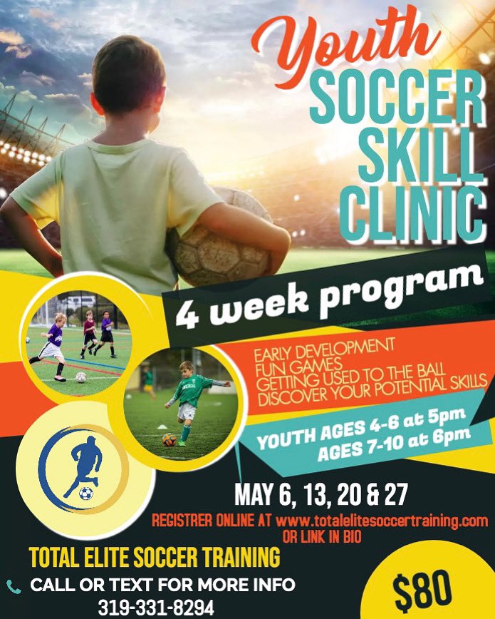5 spots left, register now!!!

🚨 📢⚽️Attention ALL parents! 🚨

Registration is now open for our Youth Soccer Skill Clinic with Total Elite Soccer Training.⚽️

Register here: signup.com/go/HniLXXt

We can't wait to see you on the field! ⚽️
#iowacity #northliberty