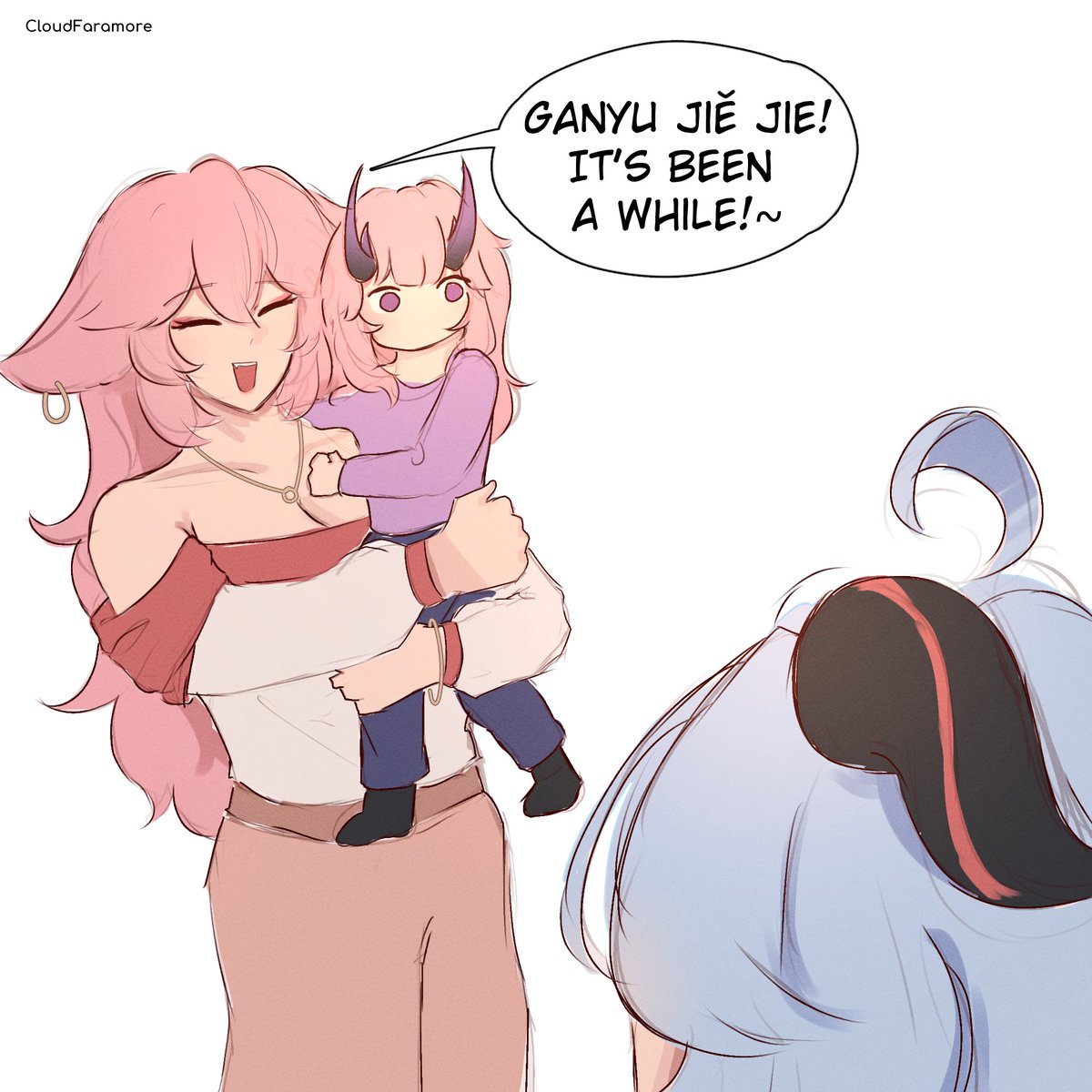 Cloud_Faramore's tweet photo. The Raiden family took a trip to Liyue 

#eimiko #ganqing https://t.co/hWJnyJS7K0