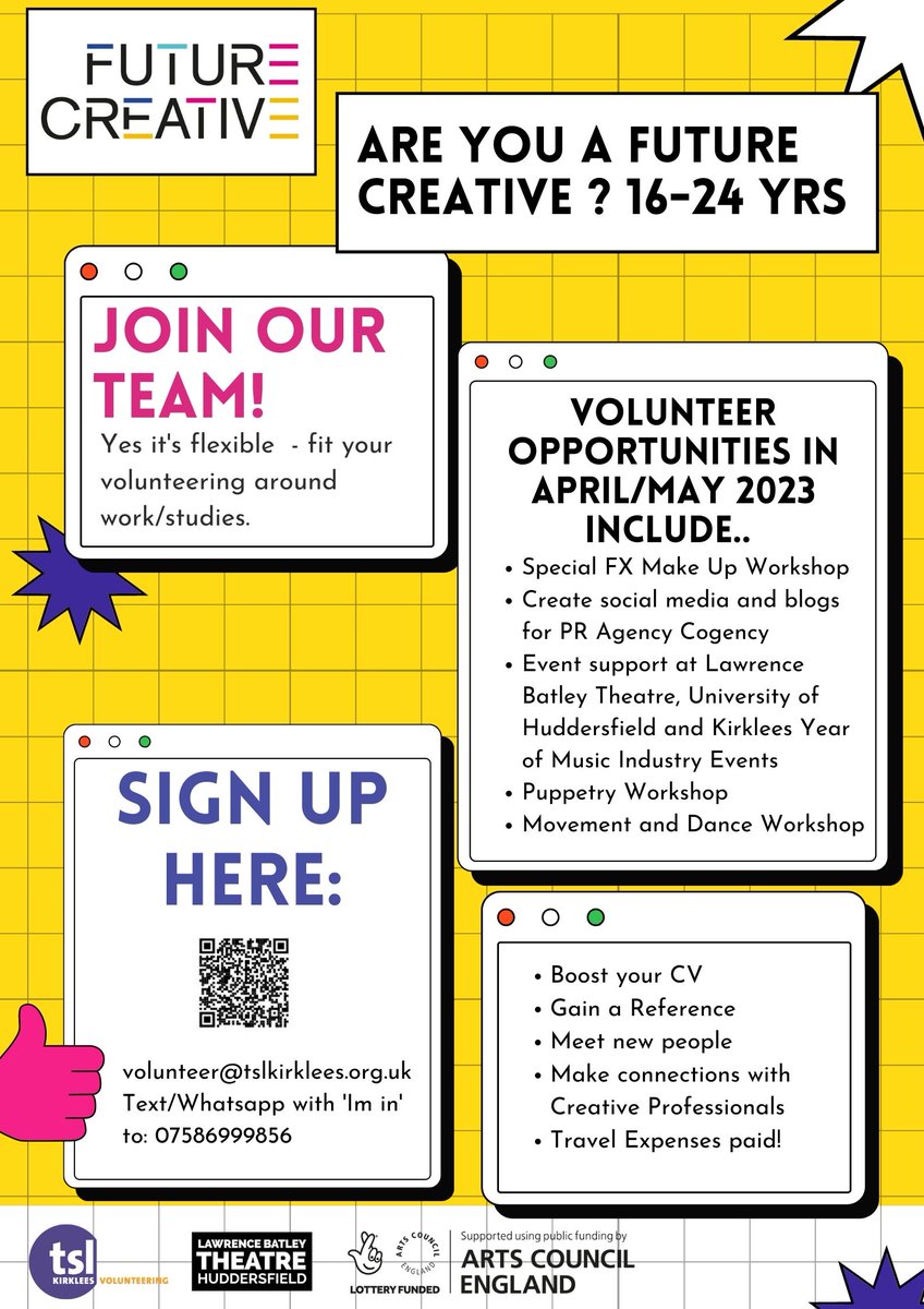 TSLVolunteering's tweet photo. So many exciting opportunities for our Future Creative volunteers! If you are 16-24 yrs and want to join the team you can register here: https://t.co/pc3Vr9ZQaA https://t.co/B11OxWzuU2