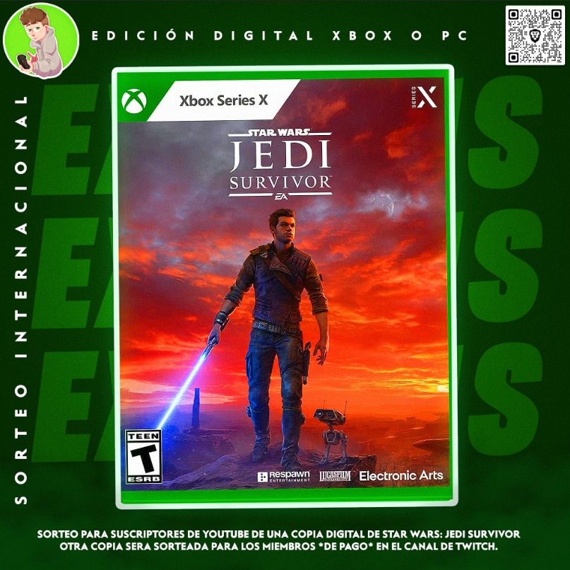 👀🔥 SORTEO 🚨

COPIAS digitales de Star Wars Jedi Surivor.

➡️ 1 copia si eres suscriptor en YT: youtube.com/channel/UC73oe…

➡️ 2 copias o + (depende objetivos) para suscriptores Prime: twitch.tv/extas1stv

RT 🔁 para un ticket extra en la copia de YT.

Ganadores: 26 de Abril