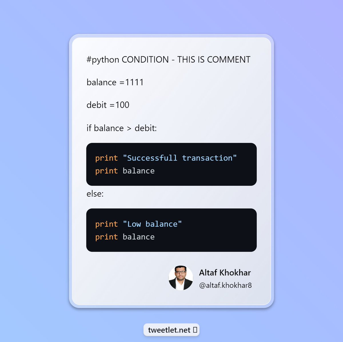 AltafKhokhar8's tweet image. #pythonprogramming #python #learnpython #pythontutorial #100daysofcodepython #100daysofcodechallenge #SoftwareDeveloper
python | Condition