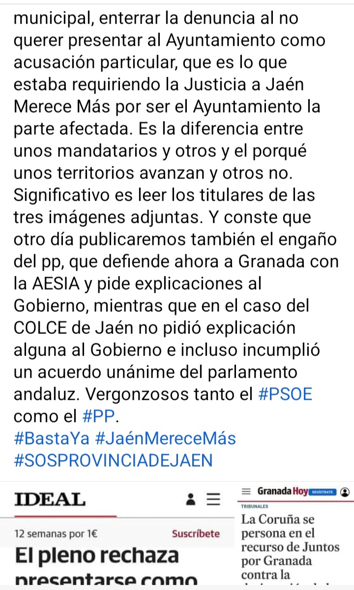 jaenmerecemas1's tweet photo. #COLCE, la traición del alcalde de #Jaén a su ciudad, frente a la lucha por la #AESIA de los regidores de #ACoruña y #Granada. Explicamos en 2 imágenes aquí e hilo https://t.co/gXFYIHzkVC