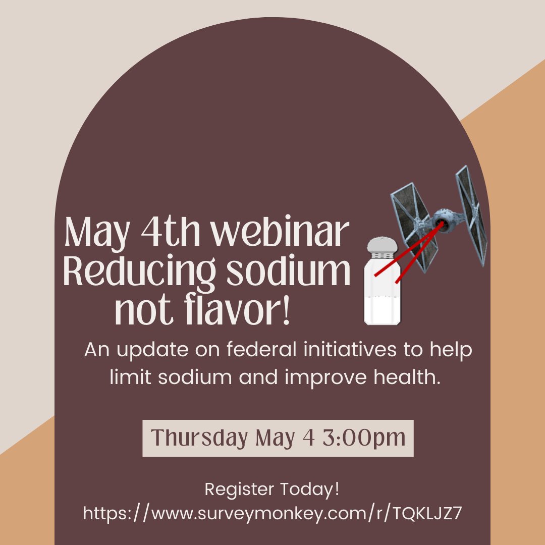 Save the date for May 4th 3-4pm ET webinar: Reducing sodium, not flavor! Join NANASP and @agingnutrition to hear updates on sodium-related initiatives and resources to make lowering sodium easier. Register today! surveymonkey.com/r/TQKLJZ7