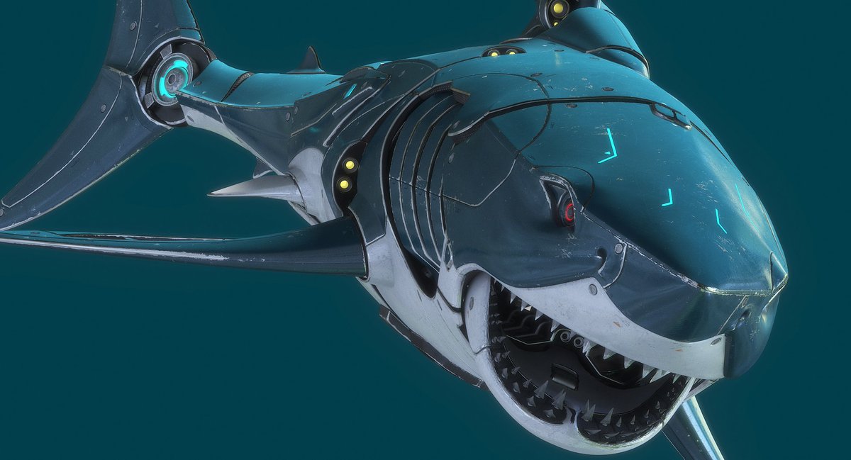 Need a boss for your underwater level? This robot shark not only looks cool, but would make a terrifying foe! Rigged and created with #3dsMax and #Vray. Made by FraP. bit.ly/3mEx4St