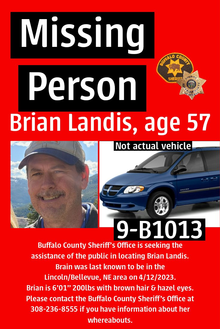 BuffaloCountySO's tweet photo. The Buffalo County Sheriff's Office is seeking the public's assistance in locating Brian Landis. Please contact our office with any information 308-236-8555.  @KearneyPolice
@Lincoln_Police
@NEStatePatrol
@BellevuePolice
@papillionpolice
@lavistapolice
-90920 https://t.co/2UeUpNqbcs