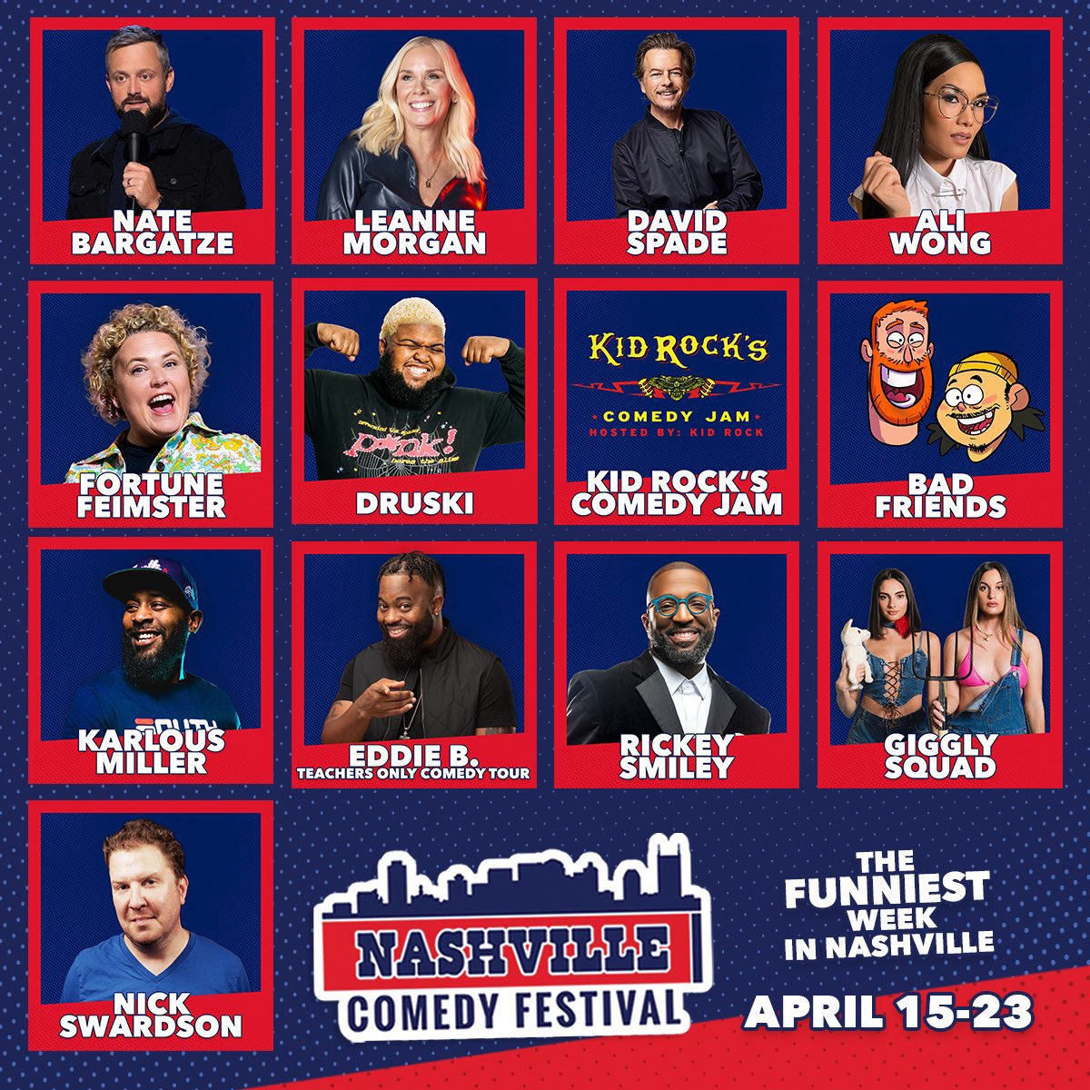The funniest week in Nashville begins tomorrow!  Looking forward to seeing @natebargatze, @DavidSpade, @LeanneComedy and @FortuneFeimster during @NashComedyFest!