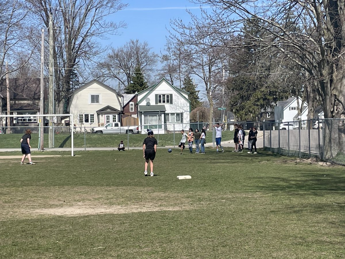 The two grade 7/8 classes joined together for the first soccer baseball game of the season! ☀️