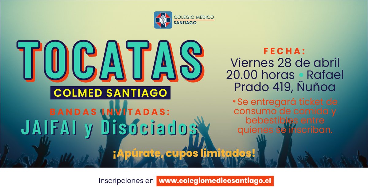 ColMedSantiago's tweet photo. ¡Regresan las #Tocatas al #ColmedSantiago! 🎵♥️ Invitamos a toda la comunidad a participar en este entretenido panorama musical 🥰 🎷🪗🎸. Bandas invitadas: #JAIFAI y #Disociados 🤟😛
📅Viernes 28 de abril
🕰️ 20:00 hrs.
➡️Más info https://t.co/KHaTQ2b06V https://t.co/xuC0TSR9NE