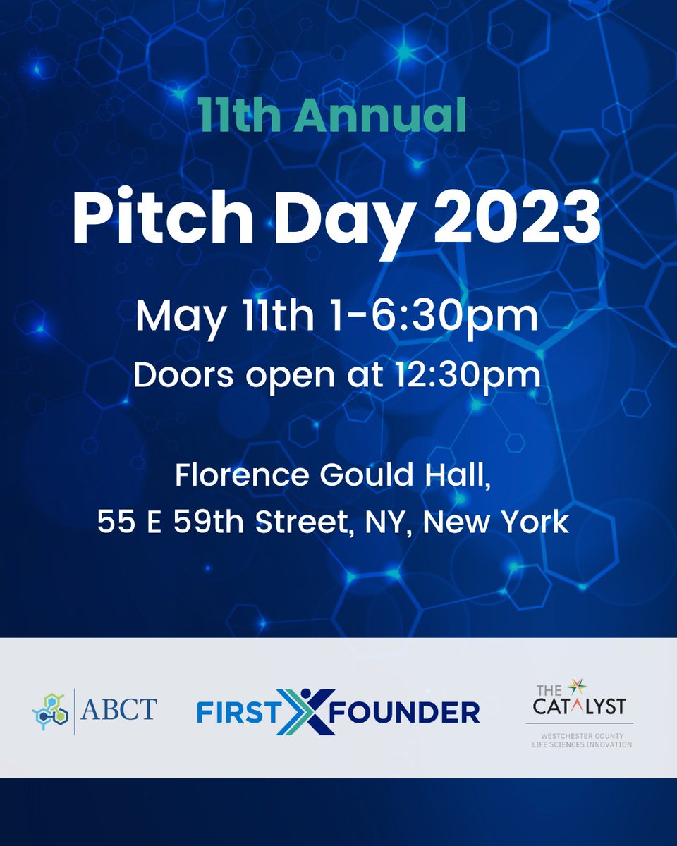 FirstXFounder (@firstxfounder) on Twitter photo Join us for #PitchDay on 5/11/23 from 1-6:30m at Florence Gould Theater in NYC!
This annual event features pitches and presentations from 23 ventures from both the <a href="/abctprogram/">ABCT</a> and <a href="/CountyWcba/">WCBA - Westchester County Biosciences Accelerator</a>.
Early bird tickets available until 4/30! Register here: bit.ly/3LaExCx Join us for #PitchDay on 5/11/23 from 1-6:30m at Florence Gould Theater in NYC!
This annual event features pitches and presentations from 23 ventures from both the <a href="/abctprogram/">ABCT</a> and <a href="/CountyWcba/">WCBA - Westchester County Biosciences Accelerator</a>.
Early bird tickets available until 4/30! Register here: bit.ly/3LaExCx