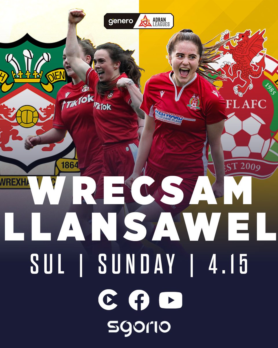 ⚽ The play-Off Final for a place in next season's Adran Premier League.

🏴󠁧󠁢󠁷󠁬󠁳󠁿 This Sunday | #GeneroAdranLeagues 

@WrexhamAFCWomen v @BFLLAFC

🌍 LIVE worldwide on YouTube: bit.ly/3odrnvo