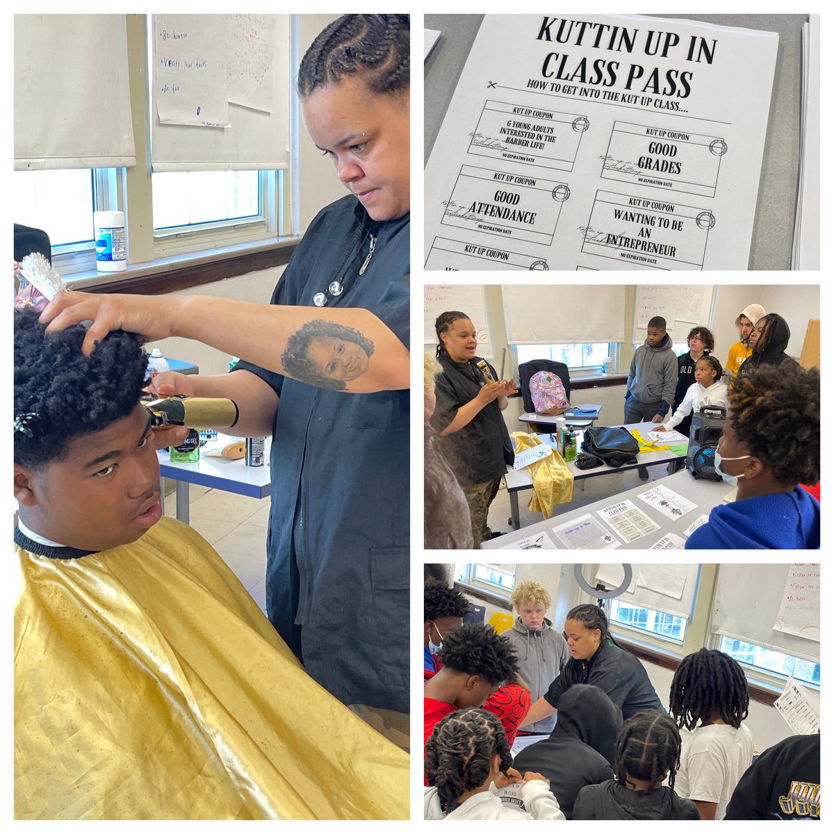 exploreshawnee's tweet photo. Tootie the Barber and Ms. Shawanda Parker of The Braid Bar came to speak about the business of barbering and braiding. Ss enjoyed live demonstrations and hearing of the business possibilities within the hair care industry. Looking forward to future partnerships! 💙💛🦅 @ExploreJCPS