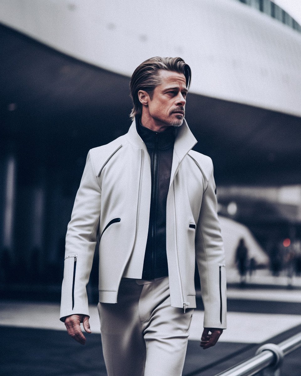 SingularityRoad's tweet photo. @SmokeAwayyy Brad Pitt in Paris 

GQ style editorial photoshoot with Brad Pitt, wearing futuristic fashion from Brioni, walking around in a futuristic Paris, shot with canon R5 85mm, bookeh, --ar 4:5 https://t.co/GMfPAjFCH3