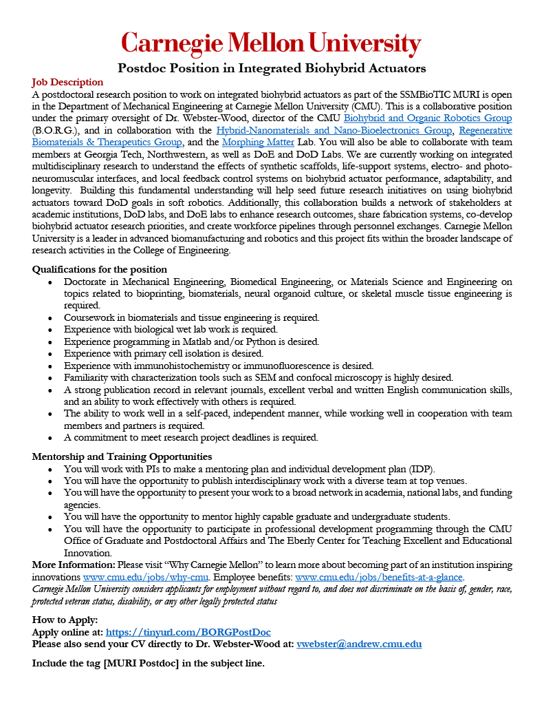 The B.O.R.G. @ CMU (@the_cmu_borg) on Twitter photo We are looking for a #postdoc to join our awesome new collaboration on #biohybrid actuators with <a href="/lining_yao/">Lining Yao</a> @RegenBio <a href="/ProfJosiah/">Josiah Hester</a> <a href="/jrivnay/">Jonathan Rivnay</a> @CohenKarniLab!
Please help share and retweet!
Apply online here: tinyurl.com/BORGPostDoc We are looking for a #postdoc to join our awesome new collaboration on #biohybrid actuators with <a href="/lining_yao/">Lining Yao</a> @RegenBio <a href="/ProfJosiah/">Josiah Hester</a> <a href="/jrivnay/">Jonathan Rivnay</a> @CohenKarniLab!
Please help share and retweet!
Apply online here: tinyurl.com/BORGPostDoc