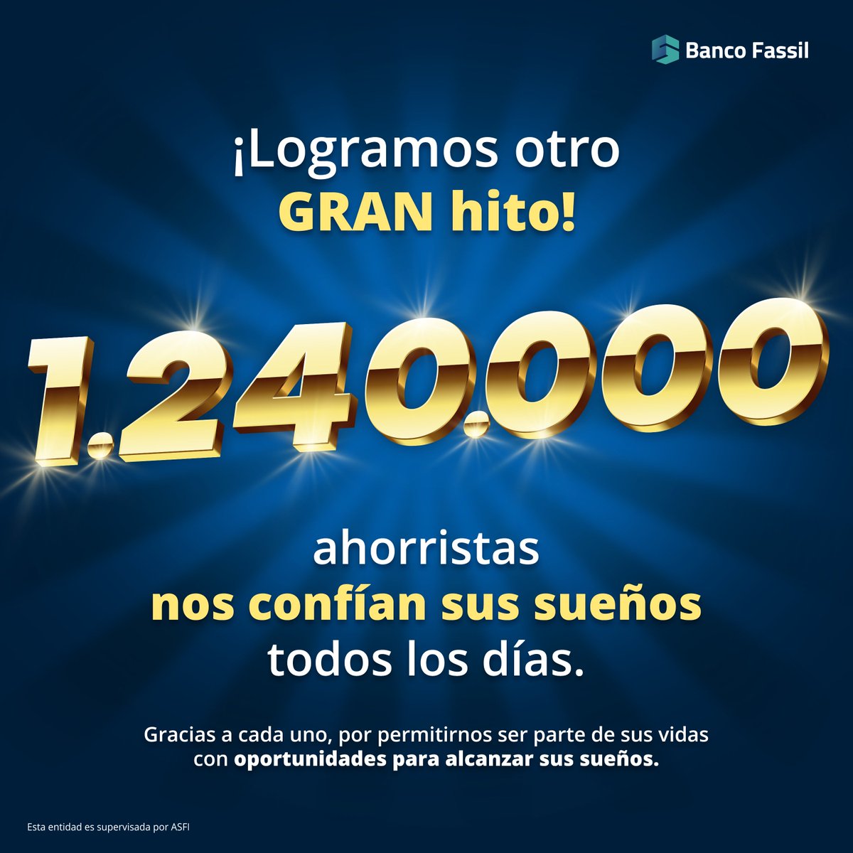 ¡Marcamos un nuevo hito!

Agradecemos a los 1.240.000 ahorristas que aportan al crecimiento del país junto a nosotros.

#BancoFassil
#DondeEstánLasOportunidades
