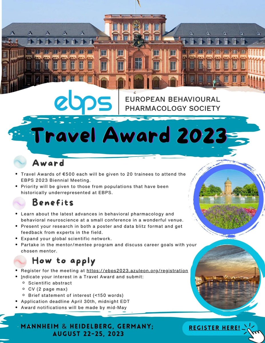 There is still time to submit abstracts & #travelawards & early registration still open for #EBPS2023 @EurBehavPharm! ebps2023.azuleon.org Please share widely for those interested in #behavioralneuroscience. Fantastic conference for trainees to expand their #global network.