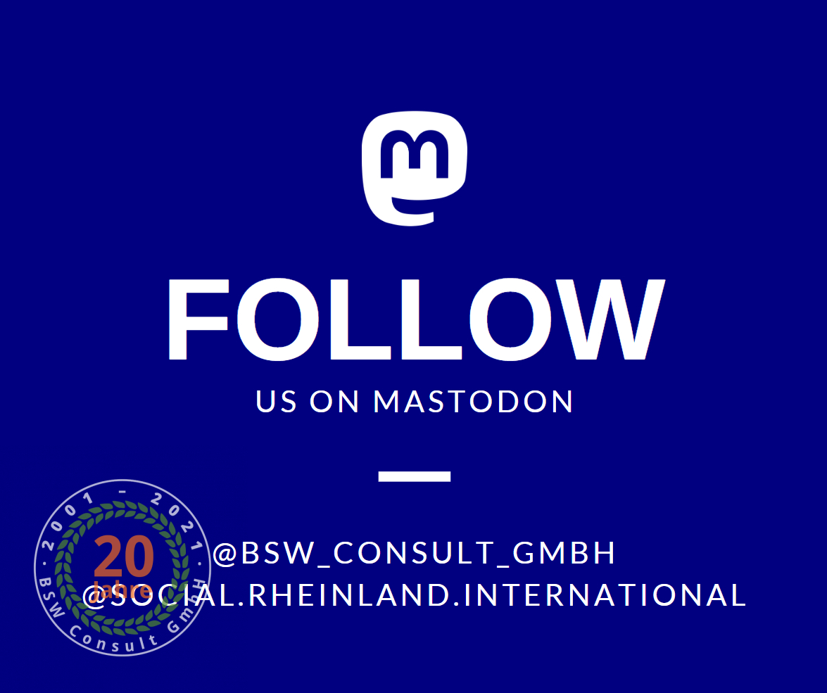 BSW_Consult's tweet photo. Folge uns jetzt auch auf Mastodon: https://t.co/ADCANgg5v8 https://t.co/bSyIq5vPeo