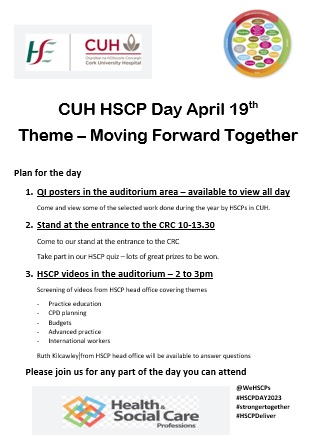 Plans are underway in CUH for HSCP day April 19th 2023. Come join us to celebrate the day. @WeHSCPs #HSCPDAY2023 #strongertogether #HSCPDeliver @JackieAReed @brosnansinead1 @cuh_hscp @CUH_Cork @ruthkilcawley @osullivan_y