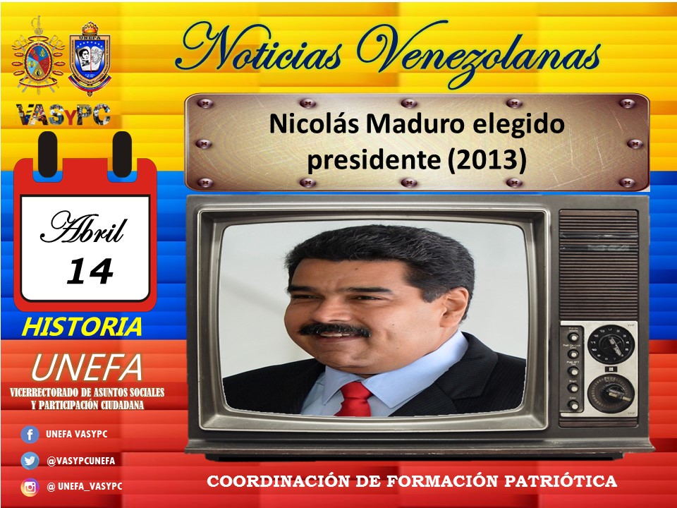 GCNucleoSucre's tweet photo. Tal día como hoy #14Abr del año 2013, Nicolas Maduro, representante del Partido Socialista Unido de Venezuela PSUV, es elegido presidente de la República Bolivariana de Venezuela para el periodo 2.013 - 2.019, luego del fallecimiento del presidente Chávez.
#unefavasypc #VASyPC https://t.co/uuJWB6hrWF