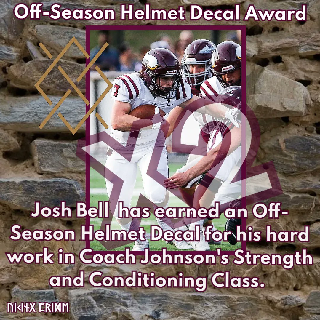Josh Bell has earned his second off season helmet decal. Coach Johnson recomended him for his hard work and dedication in the weight room. Josh parallel squated 500lbs today!
#GladyouareaViking #VikingPride #LeadersLead