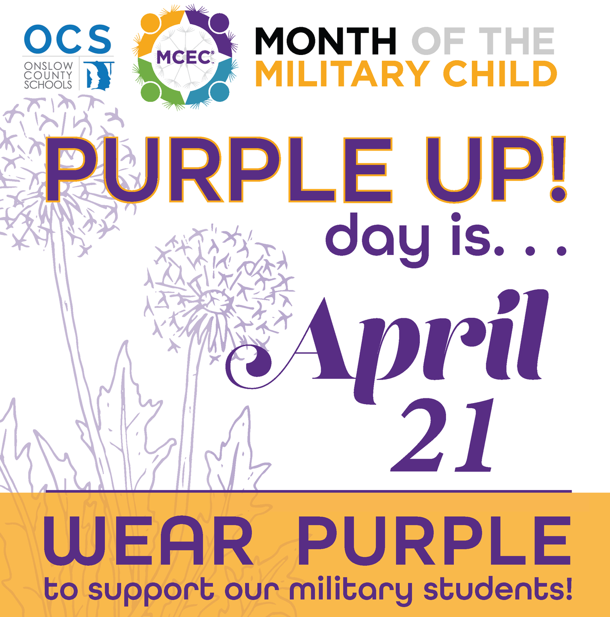 OnslowSchools's tweet photo. Next Friday, April 21, is Purple Up! Day in Onslow County! Be sure to join us in wearing purple that day to show support for our district's military students. https://t.co/LcFSPyEG8V